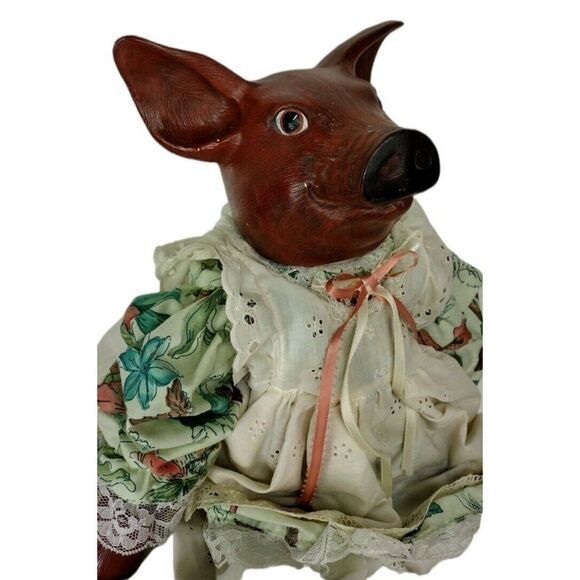 Antique Ceramic Macabre Anthropomorphic Pig Doll In Floral Dress & Bloomers - Picture 3 of 11
